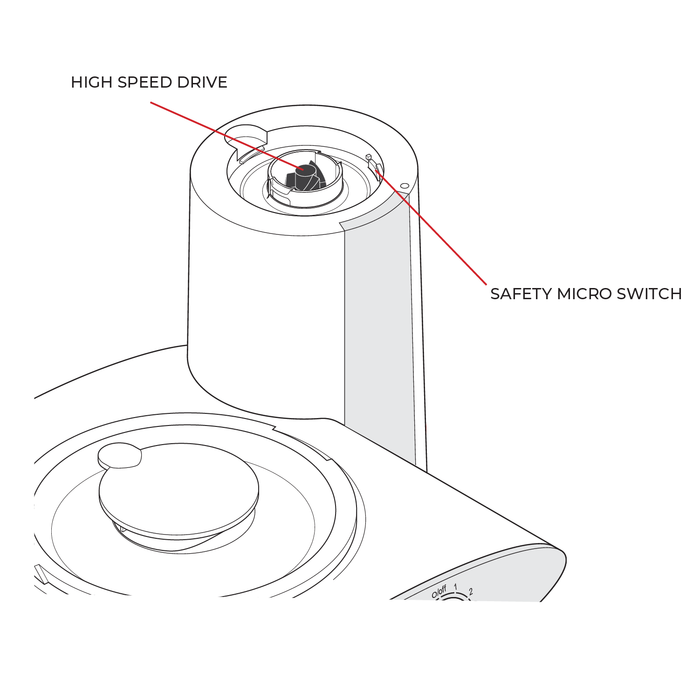Technical illustration of the Bosch universal plus mixer high speed drive and safety micro switch