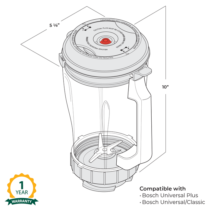 Technical drawing of a blender container with dimensions and compatibility information.