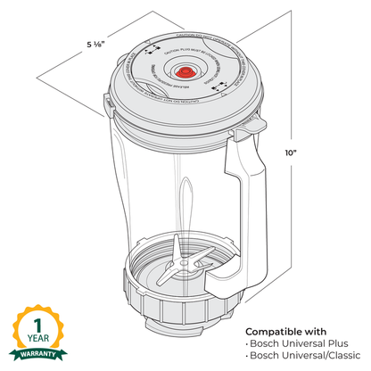 Technical drawing of a blender container with dimensions and compatibility information.