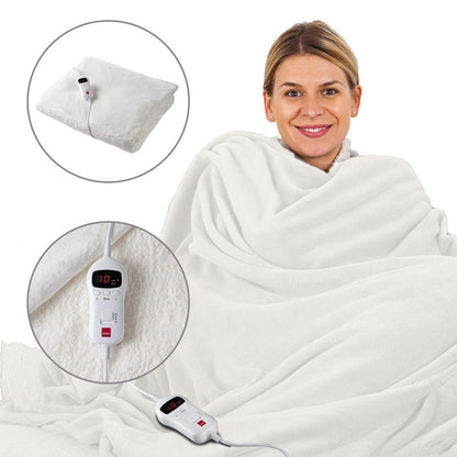 Woman wrapped in a white electric blanket with close-up insets of the blanket and controller.- Buy Now Cream Luxury Heated Throw + Foot Warmer