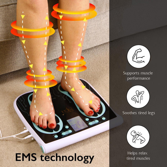 Person using a foot massager with EMS technology - Buy Now Foot & Legs EMS Machine + EMS & Heat Massager