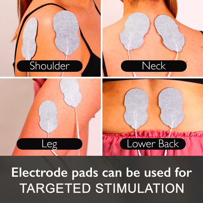 Electrode pads applied to different parts of a person's body with labeled positions. - Buy Now Foot & Legs EMS Machine + EMS & Heat Massager