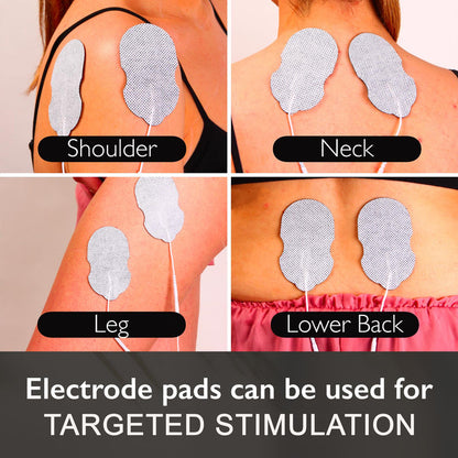 Electrode pads applied to different parts of a person's body with labeled positions. - Buy Now Foot & Legs EMS Machine + EMS & Heat Massager