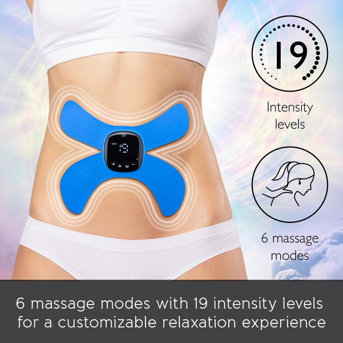 Blue massage device on a person's abdomen with text about intensity levels and massage modes. - Buy Now Foot & Legs EMS Machine + EMS & Heat Massager