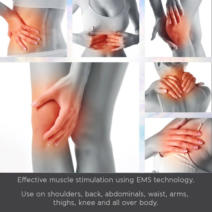 Collage of body parts with hand gestures indicating pain or need for muscle stimulation, promoting EMS technology. - Buy Now Foot & Legs EMS Machine + EMS & Heat Massager