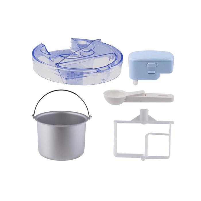Set of kitchen utensils including a silver pot, blue lid, white spoon, and other accessories  - Buy Now Cream & Dessert Maker + Black 15L Mini Fridge