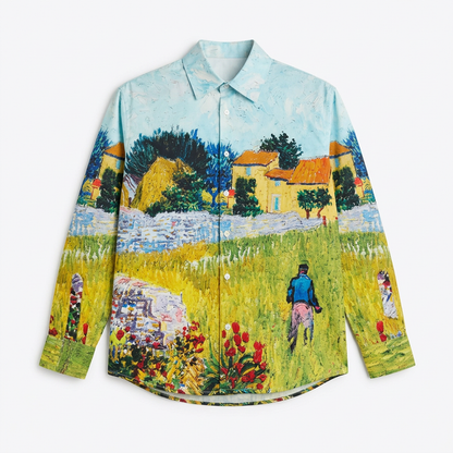 Van Gogh Farmhouse shirt for men in blue, front flat view, with farmhouse, fields and flowers artwork