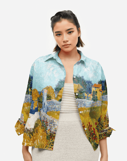 Farmhouse Women Skyblue Van Gogh Art Shirt Available in Cotton and Linen options - Naymish Designs