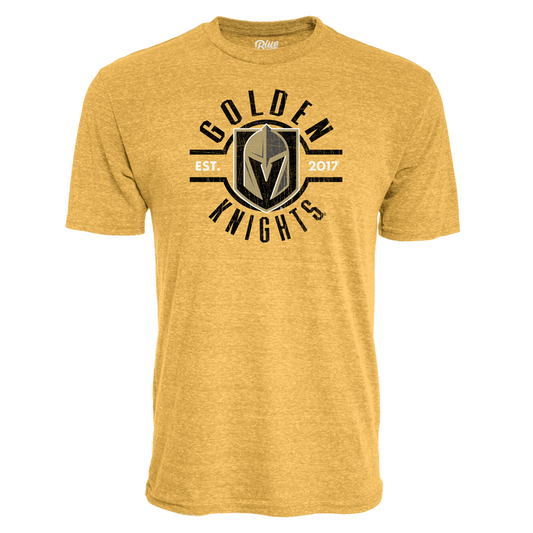 Yellow Vegas Golden Knights Gold Primary Cashword Tee with team logo and text