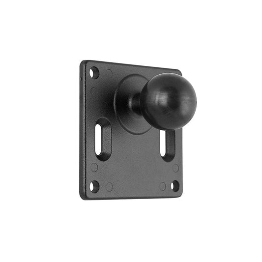 The VESA 75 to 38mm (1.5 inch) Ball Adapter Plate is a black, marine-grade aluminum wall mount bracket with a round 38mm ball and four screw holes for secure, durable attachment to flat surfaces.