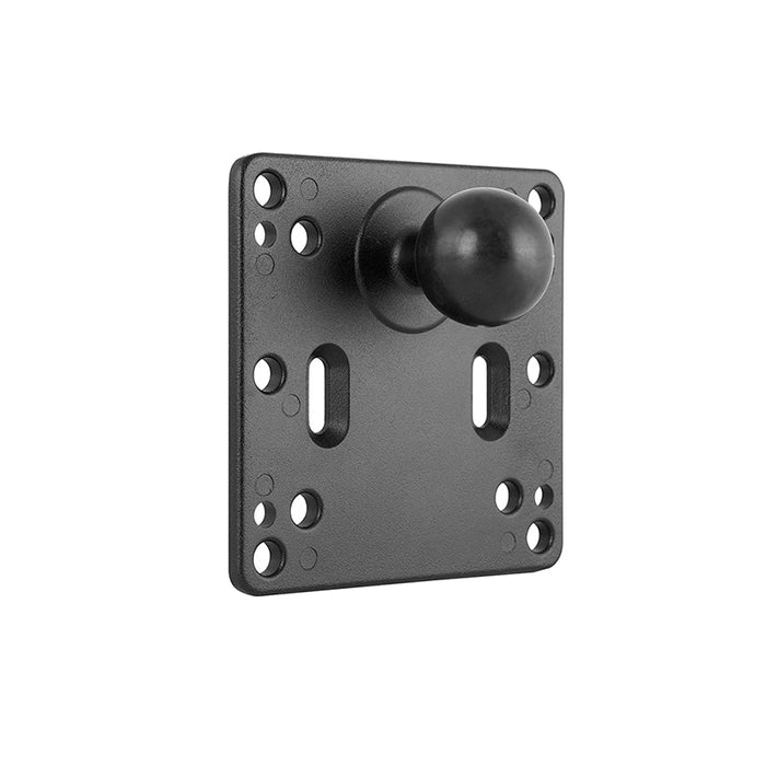 The VESA 75 / VESA 100 to 38mm (1.5 inch) Ball Adapter Plate features multiple mounting holes and a central ball adapter, ideal for wall or equipment installation, shown on a white background.