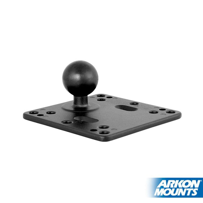 The VESA 75 / VESA 100 to 38mm (1.5 inch) Ball Adapter Plate is a black metal mount plate with a central round ball joint, designed for device mounting. The Arkon Mounts logo is on the bottom right corner.