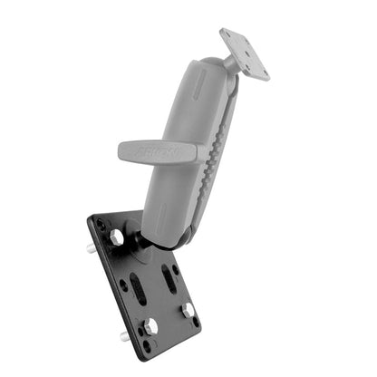 The VESA 75 / VESA 100 to 38mm (1.5 inch) Ball Adapter Plate is a black and gray adjustable mounting bracket with two rectangular plates and a swiveling arm, ideal for securely attaching monitors to various surfaces.