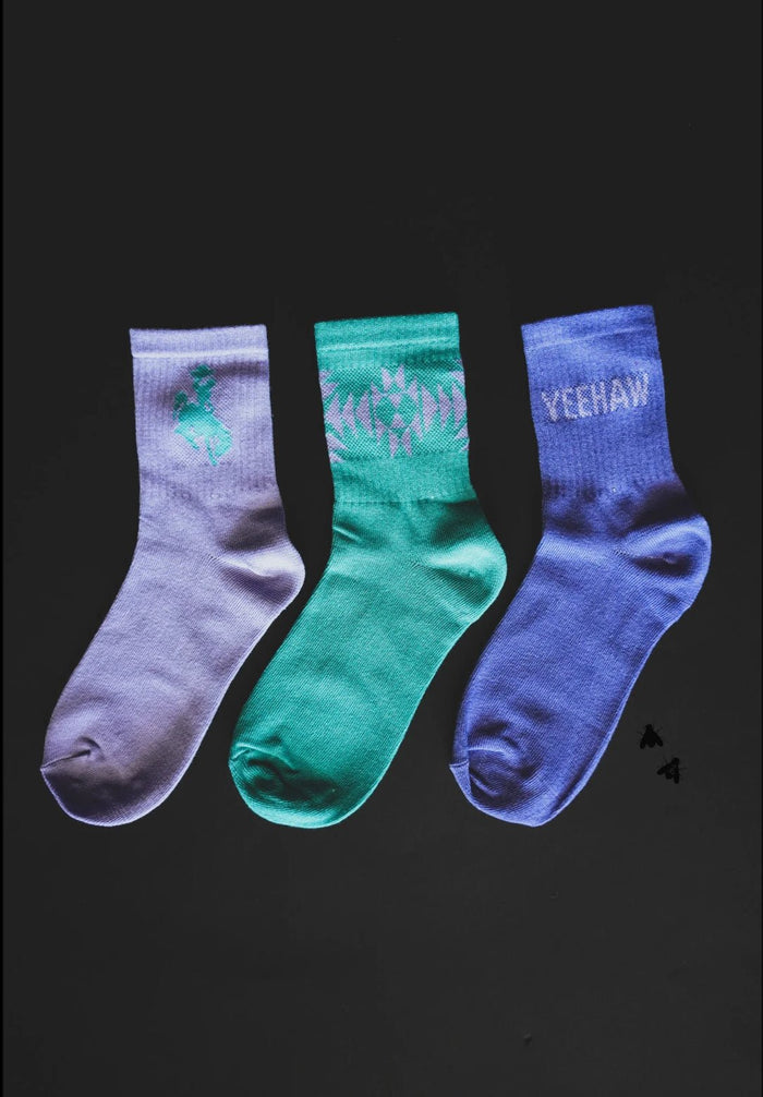 Western Crew Socks - 3 Pair PackTurq + PurpleOS