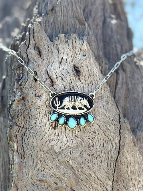 Western Oval Armadillo Turquoise Chain Necklace