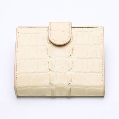 Front view of luxury women's wallet made from genuine white pearl crocodile leather.