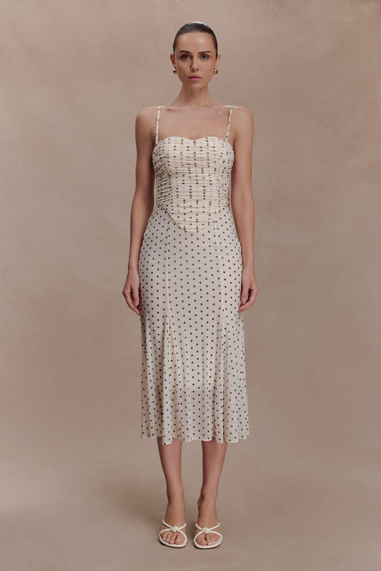 Willa Gathered Mesh Midi Dress - Polka Dot