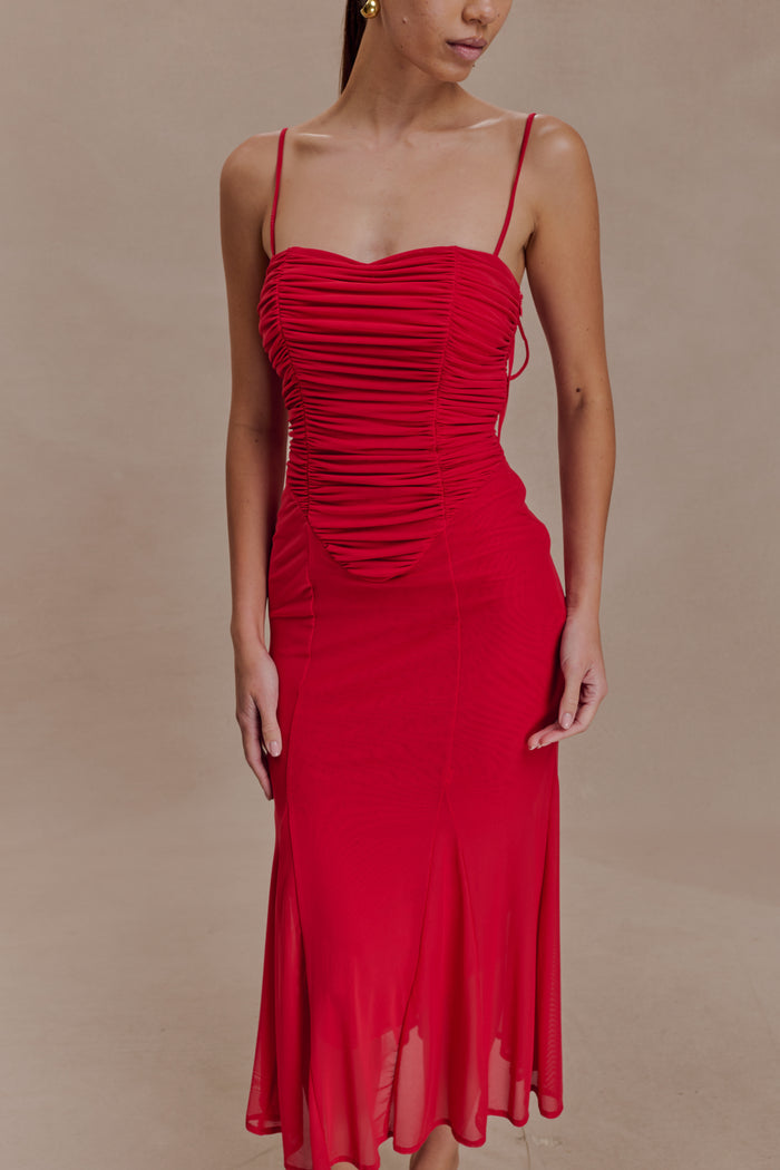 Willa Gathered Mesh Midi Dress - Ruby