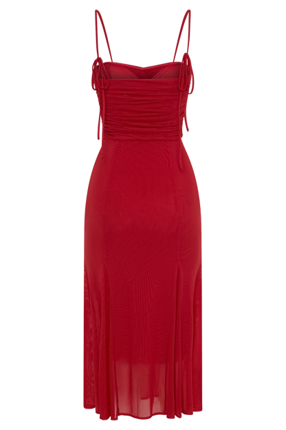 Willa Gathered Mesh Midi Dress - Ruby