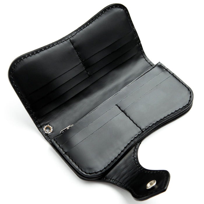 The full interior of the black leather biker wallet, displaying 10 credit card slots and compartments.