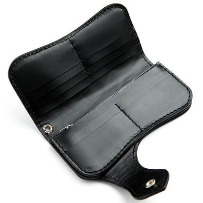 The full interior of the black leather biker wallet, displaying 10 credit card slots and compartments.