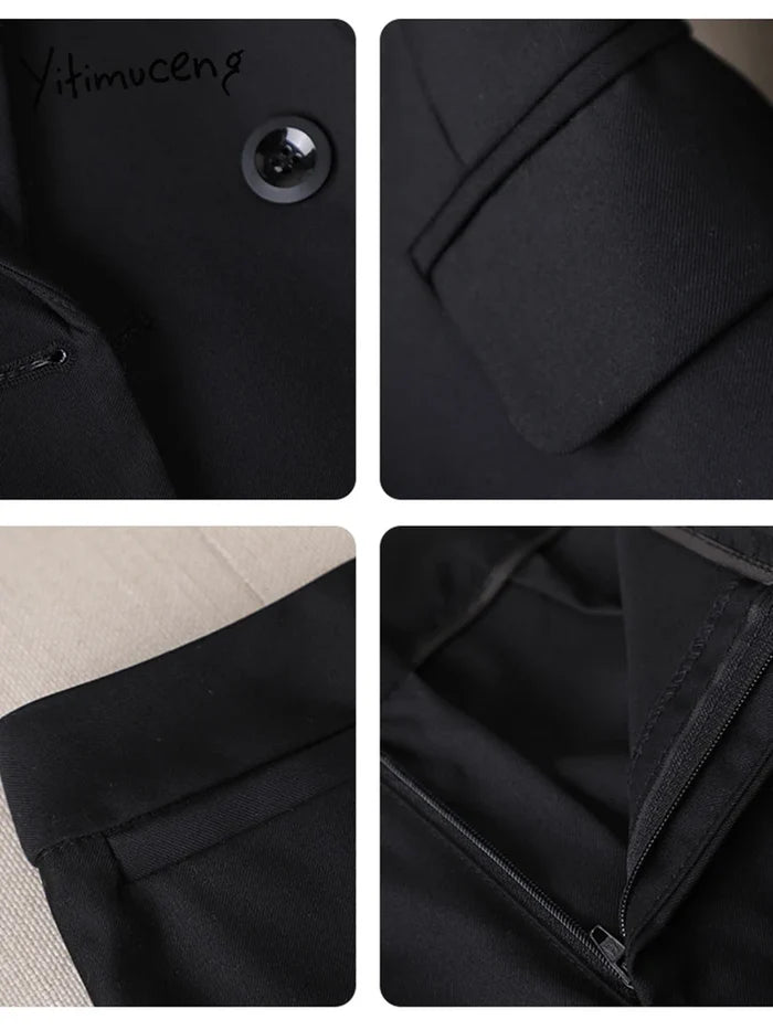 Collage of close-up details of a black coat including a button, pocket, and fabric texture.