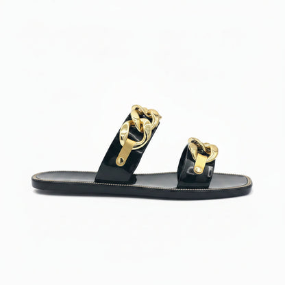 Women's Flat Sandal Gold Accent — Double-Banded Slip-On Sandal Chan