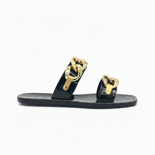 Women's Flat Sandal Gold Accent — Double-Banded Slip-On Sandal Chan