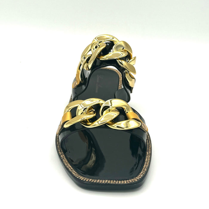 Women's Flat Sandal Gold Accent — Double-Banded Slip-On Sandal Chan
