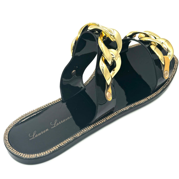 Women's Flat Sandal Gold Accent — Double-Banded Slip-On Sandal Chan