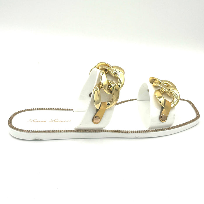 Women's Flat Sandal Gold Accent — Double-Banded Slip-On Sandal Chan