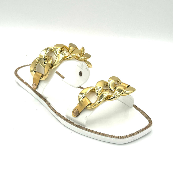 Women's Flat Sandal Gold Accent — Double-Banded Slip-On Sandal Chan