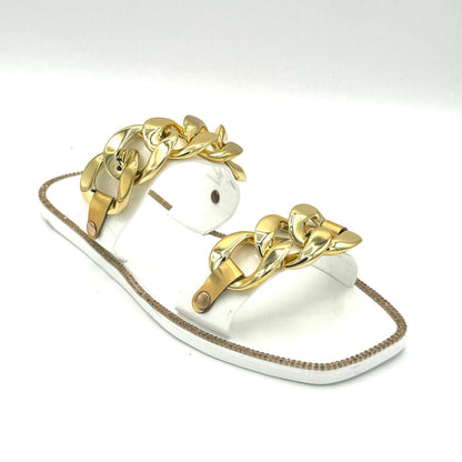 Women's Flat Sandal Gold Accent — Double-Banded Slip-On Sandal Chan