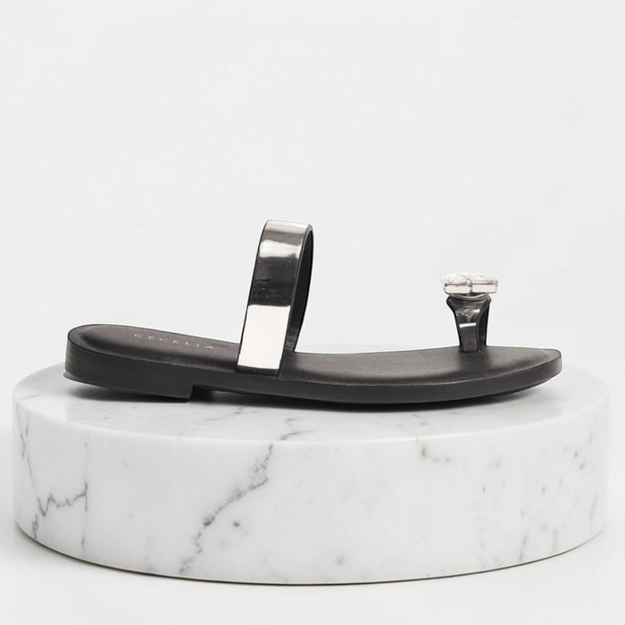 Women's Two-Tone Dress Shoe — Black Silver & Gold Bone Heeled Shoe Demi