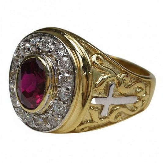 A yellow gold bishop ring for men featuring a prominent red ruby center stone and cross details.