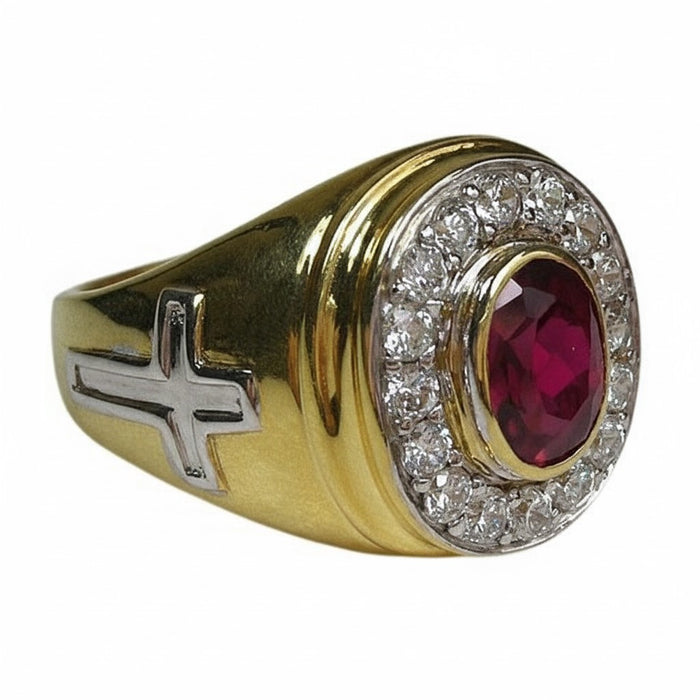 Side view of the yellow gold bishop ring highlighting the intricate Christian cross detail on the band.