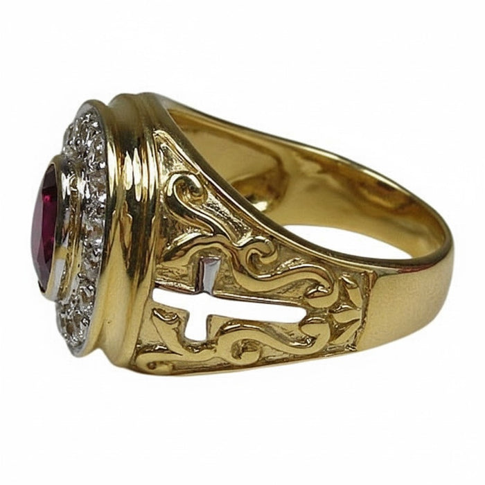 A men's Catholic-style bishop ring crafted from yellow gold with a red stone.