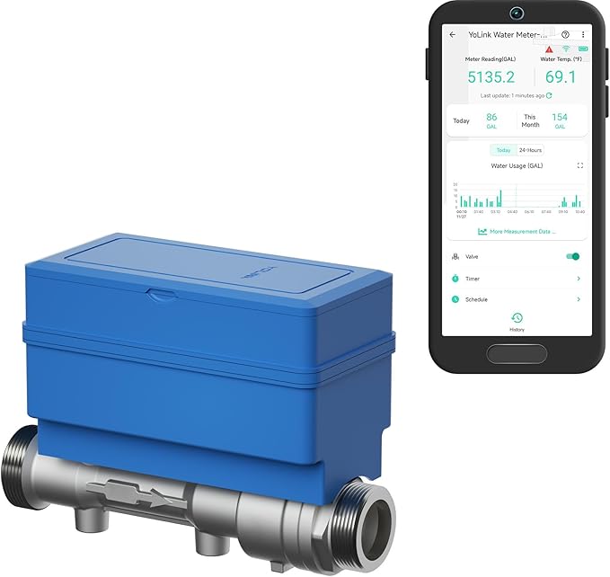 YoLink FlowSmart All-in-One: Includes Smart Water Meter and Automatic Shutoff for 1 Inch Pipes, Real-Time Leak Detection, App-Controlled, Over 10 Years Battery Life, Requires YoLink Hub