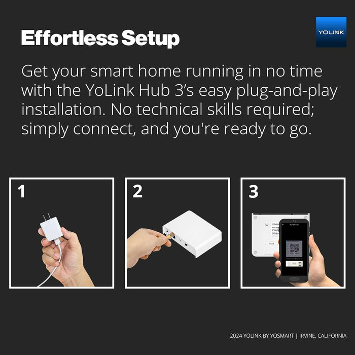 YoLink Hub 3 effortless setup guide with three steps on a black background