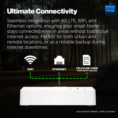 YoLlink Hub 3 with text about ultimate connectivity options with 4G LTE, WiFi, and Ethernet options on a dark background.