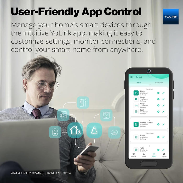 Man using smartphone with YoLink app interface, text about user-friendly app control for smart home devices for the YoLink Hub 3.